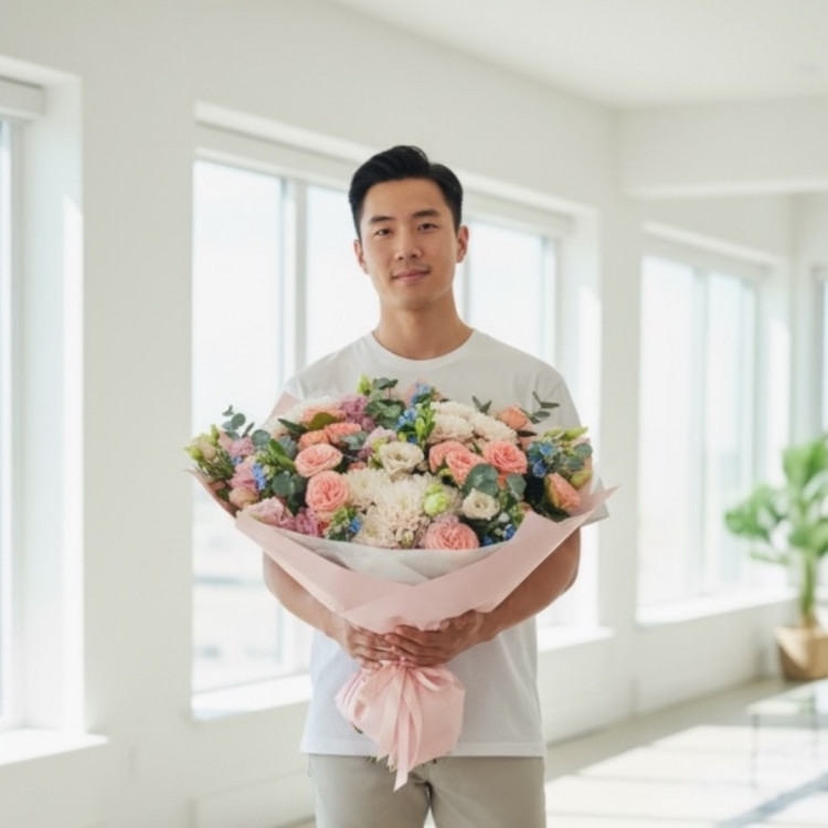 Букет цветов из кустовых роз и синих цветочков