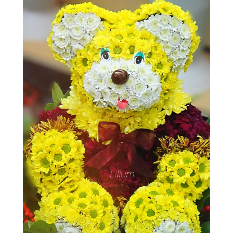 МК. Мишка из живых цветов. Как сделать игрушку из цветов?!?! Медведь из белой хризантемы.